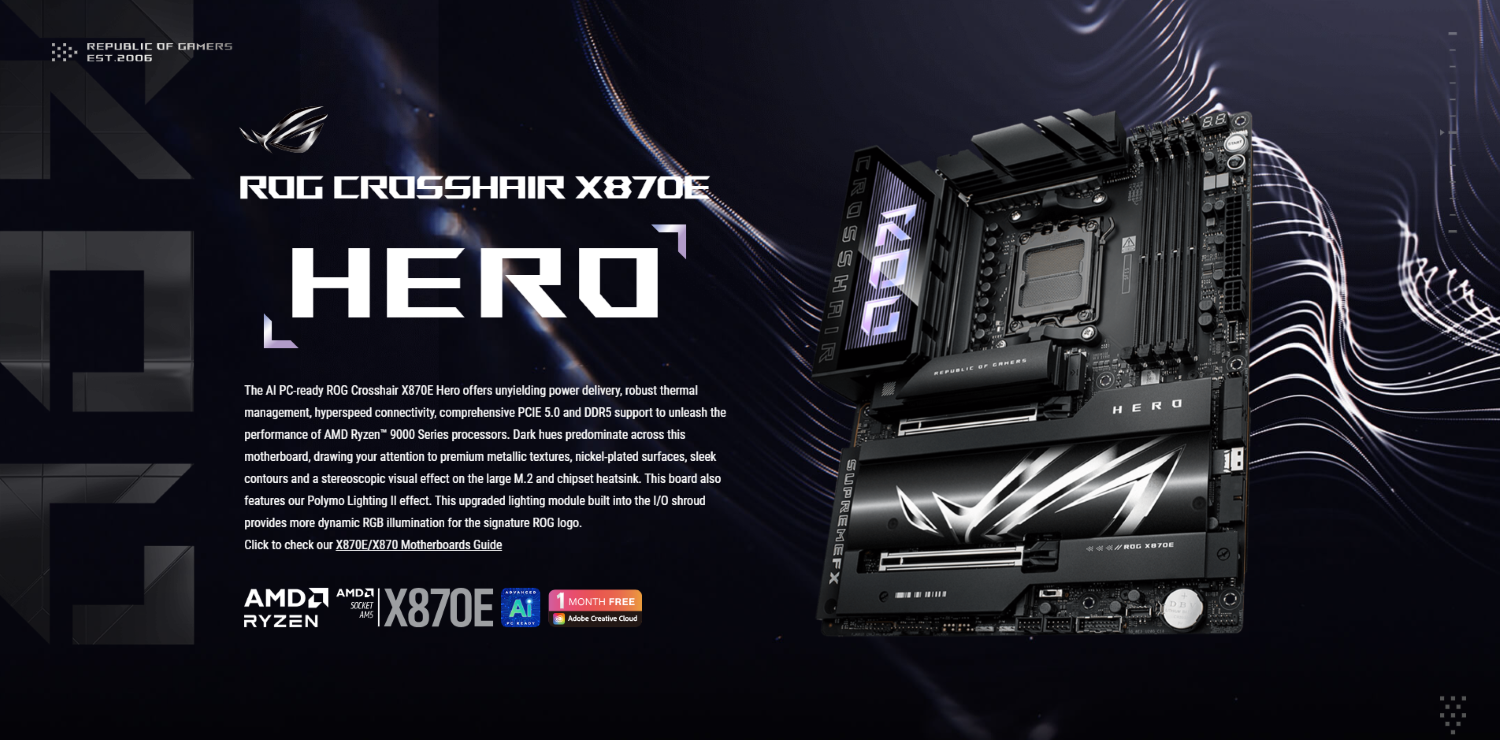 ASUS ROG Crosshair X870E Hero Gaming Motherboard – AMD AM5, DDR5 192GB, Wi-Fi 7, USB4, AI Overclocking, EXPO Support
