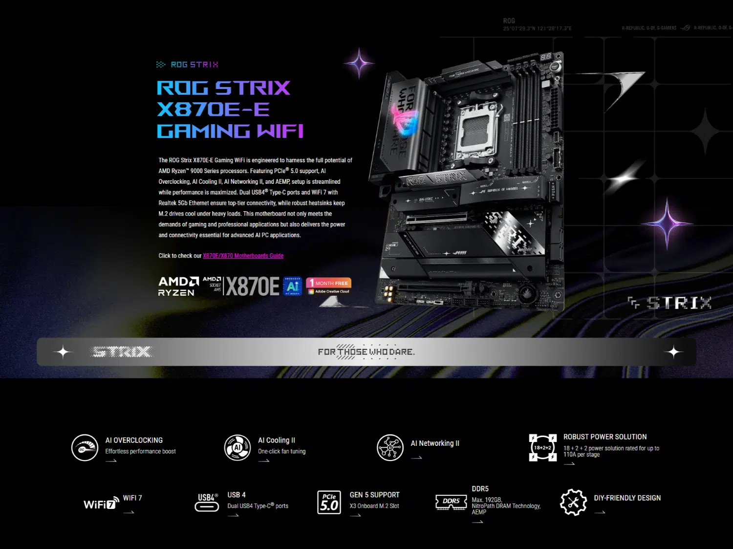 ASUS ROG STRIX X870E-E GAMING WIFI AM5 DDR5 Motherboard – Wi-Fi 7, Dual USB4, Gen 5 PCIe, Up to 256 GB RAM