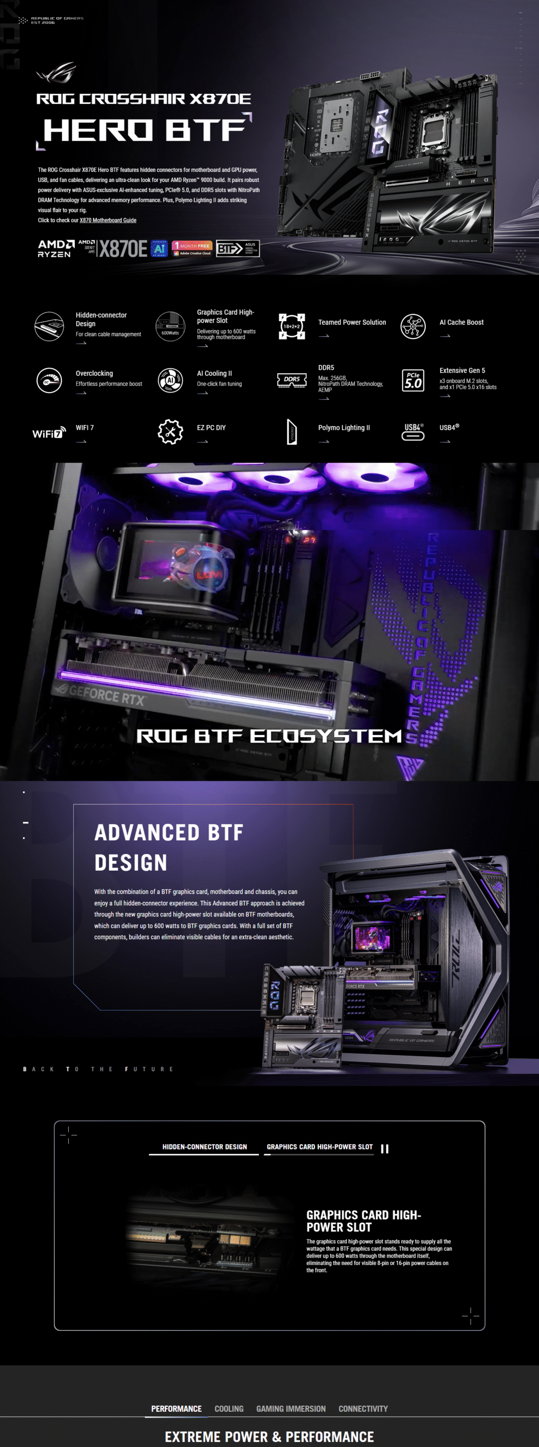ASUS ROG CROSSHAIR X870E HERO BTF AM5 ATX Motherboard | AMD X870E Chipset, 4× DDR5 DIMM (Up to 256 GB), PCIe 5.0 x16, 5× M.2 Slots – 90MB1MX0-M0EAY0