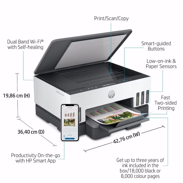 HP Smart Tank 720 All-In-One Printer, Up To 15ppm Print Speed, 250 Sheets Input Capacity, Bluetooth, Wifi, White - Image 7