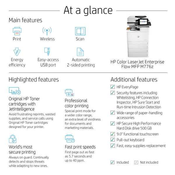 HP Color LaserJet Enterprise Flow MFP M776z Printer, Up to 46 ppm Print Speed, USB, Ethernet, Wifi, White - Image 9