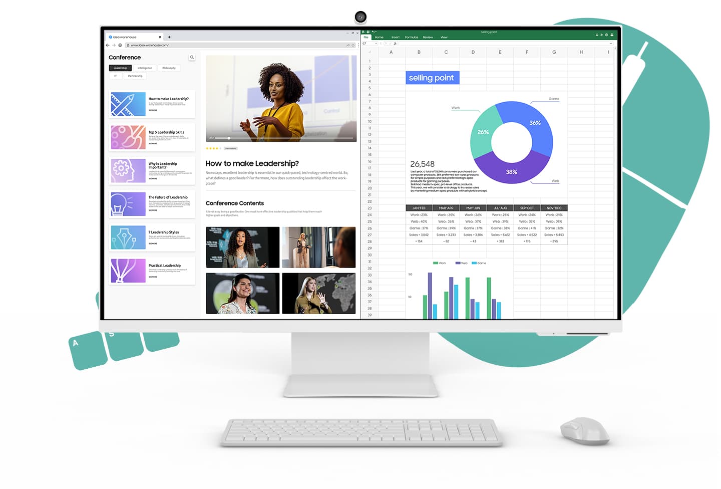 There is a Smart Monitor with shown on a web browser, connected with a desktop, and the desktop disappears. The screen is separated to two screen. On the left side of the screen, there is a web browser and on the right side, there is an Excel.