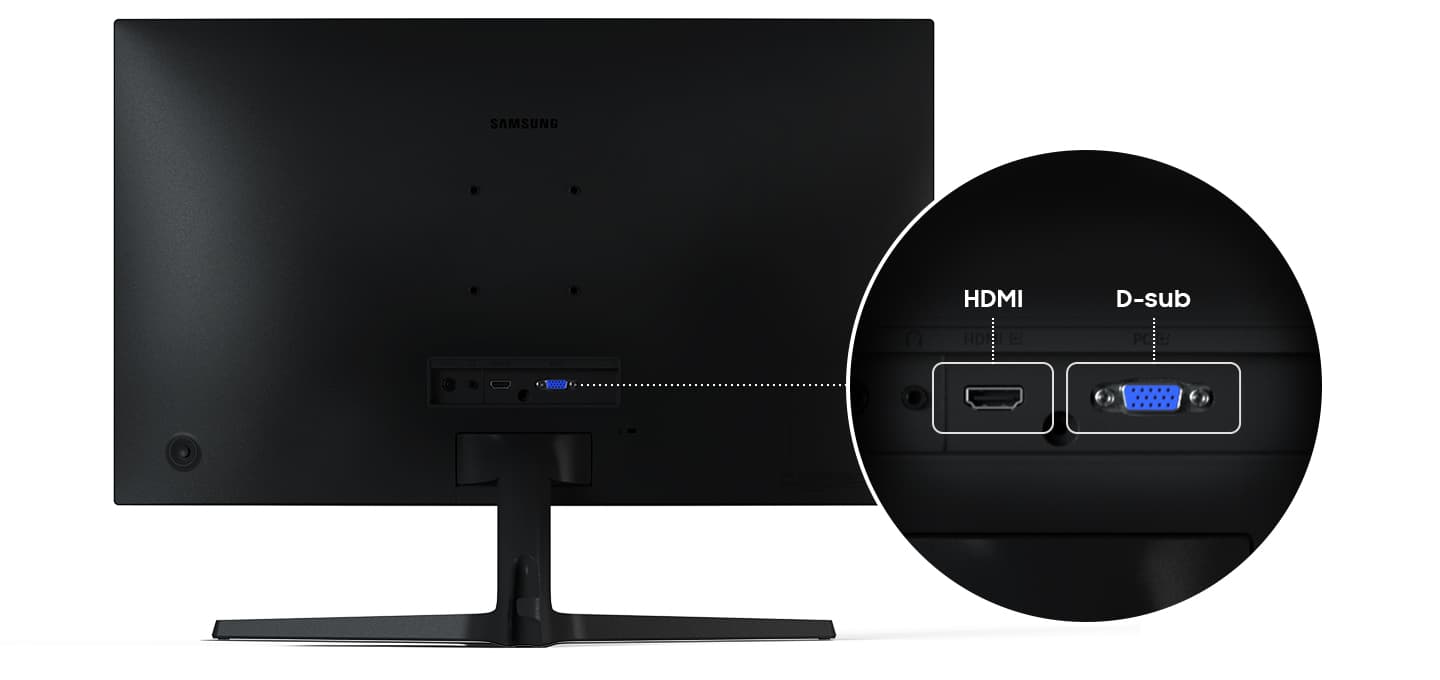 The backside of the monitor is shown, and its ports are being closed up. It has an HDMI and D-sub port.