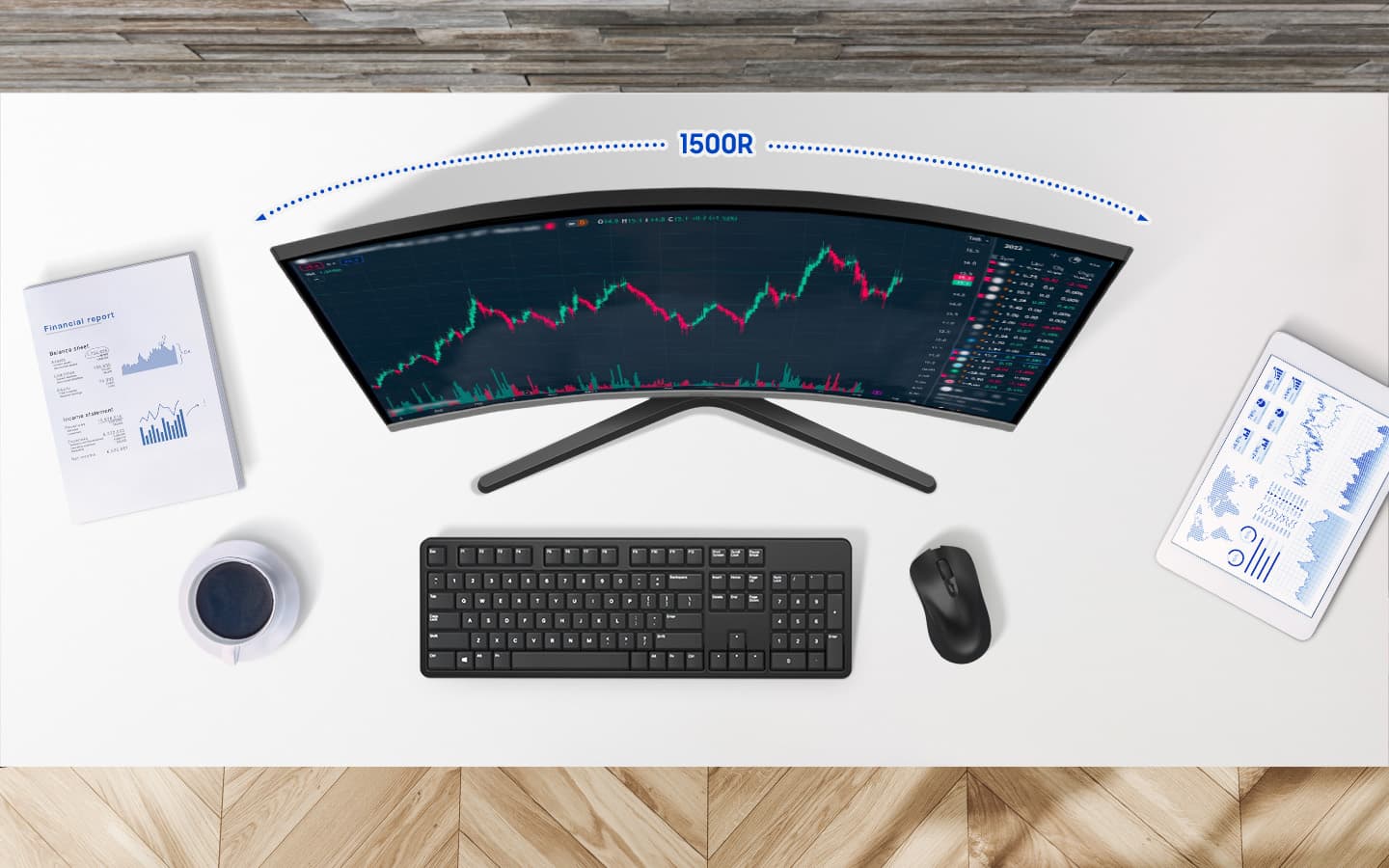 The top of the monitor is shown, which highlights its curvature, 1500R.