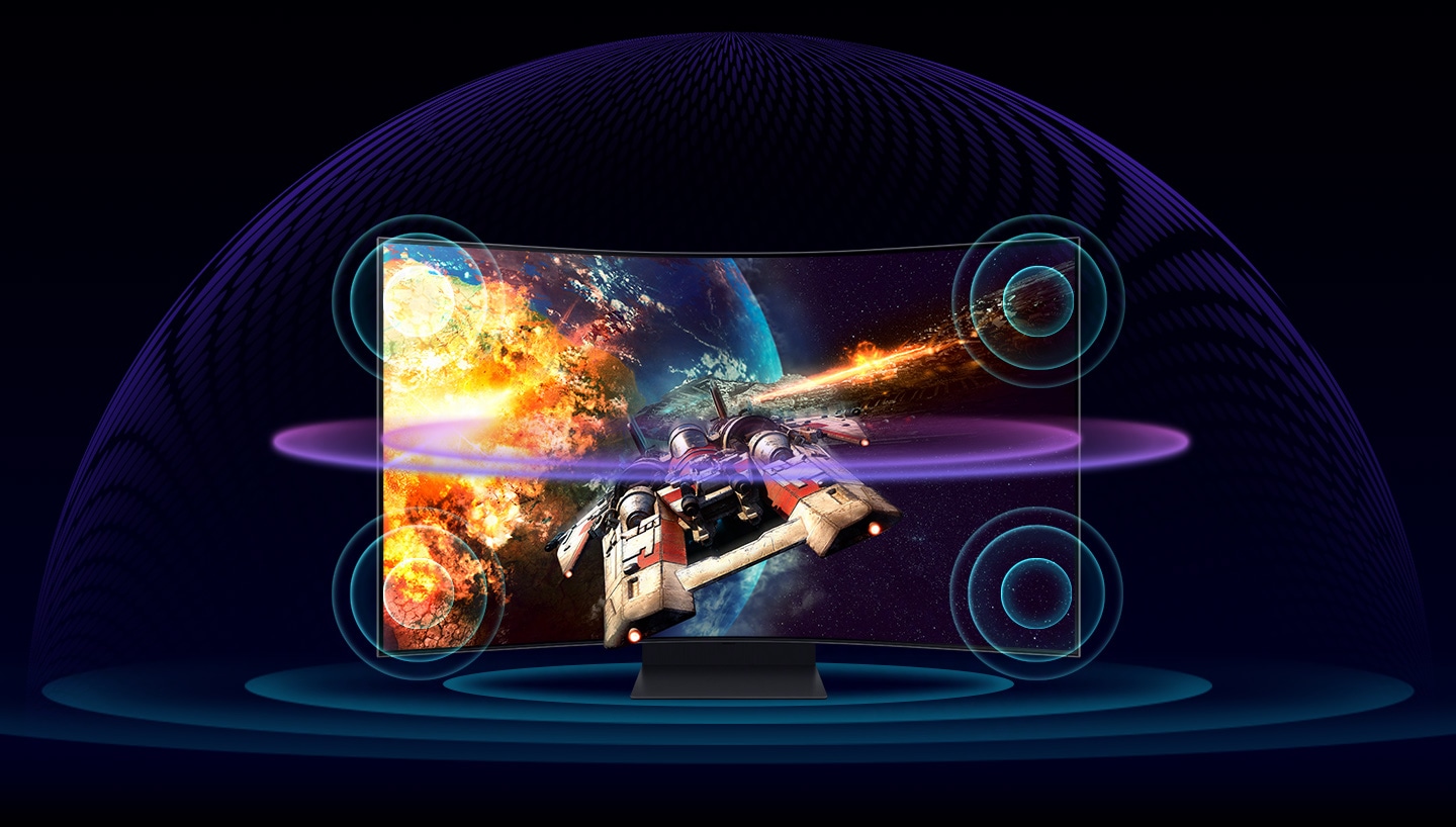 A rocket ship is flying toward a planet. Four marks appears with the words "4 x speakers" to show the position of speakers and after that, "2 x woofers" as the position of woofers highlighted. A translucent dome appears over the monitor with multiple circles appearing on each corner of the monitor