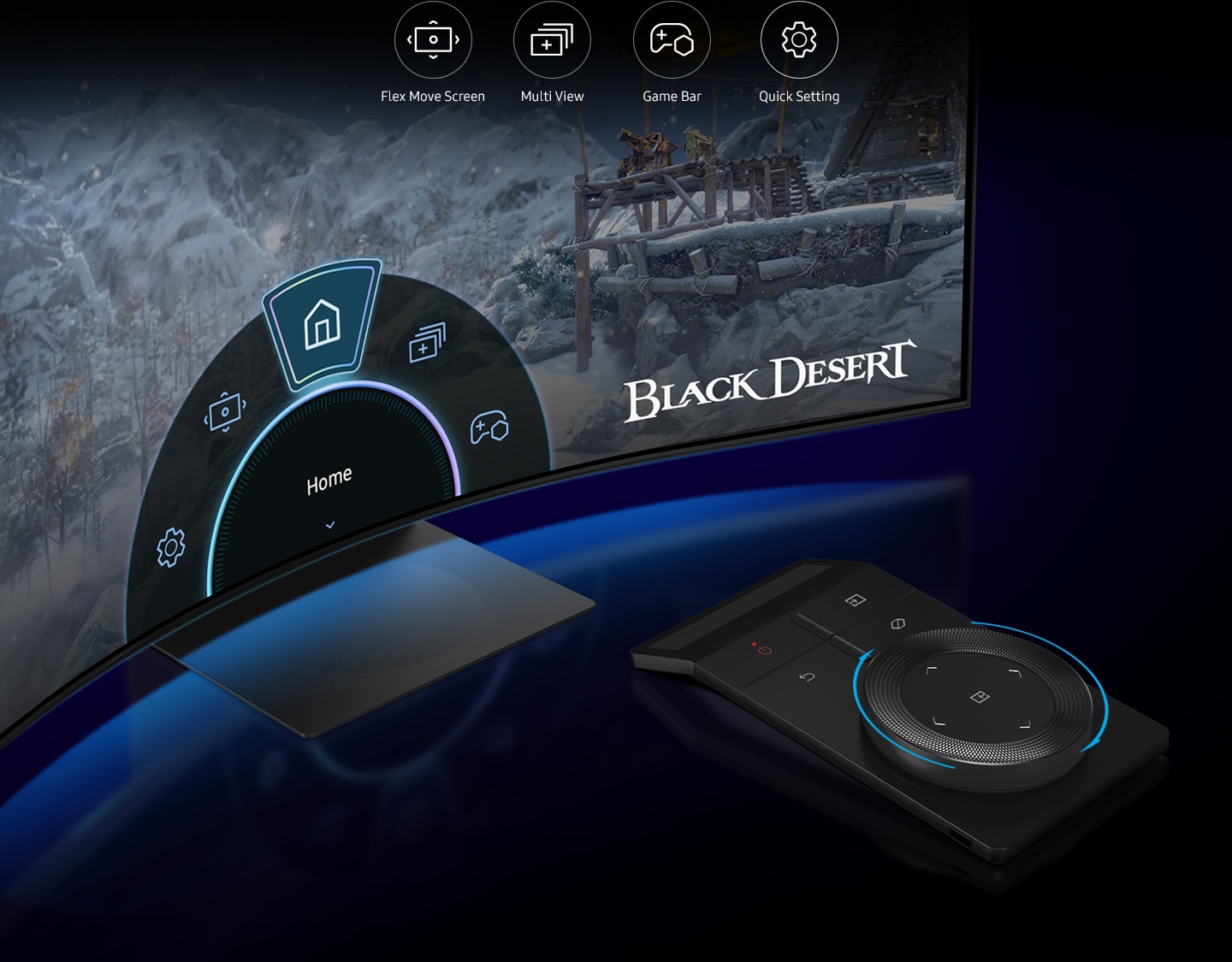 The monitor screen displays the Ark Dial toolbar, with the Ark Dial placed in front of the monitor turning focus of toolbar from home to Flex Move Screen, and to Multi view. Four logos - Flex Move Screen, Multi View, Game Bar, Quick Settings - are placed on the upper side of the screen.