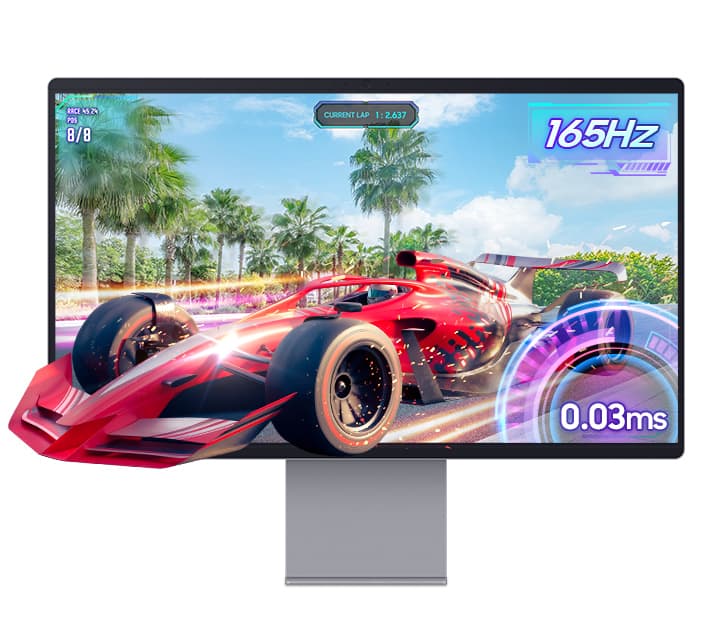 A red sports car zooming out of the screen. 165Hz and 0.03ms.