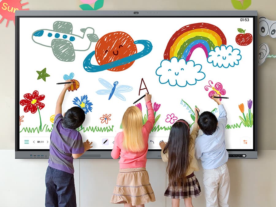Four children drawing colorful pictures on the display simultaneously, including a plane, planet, rainbow, and flowers.