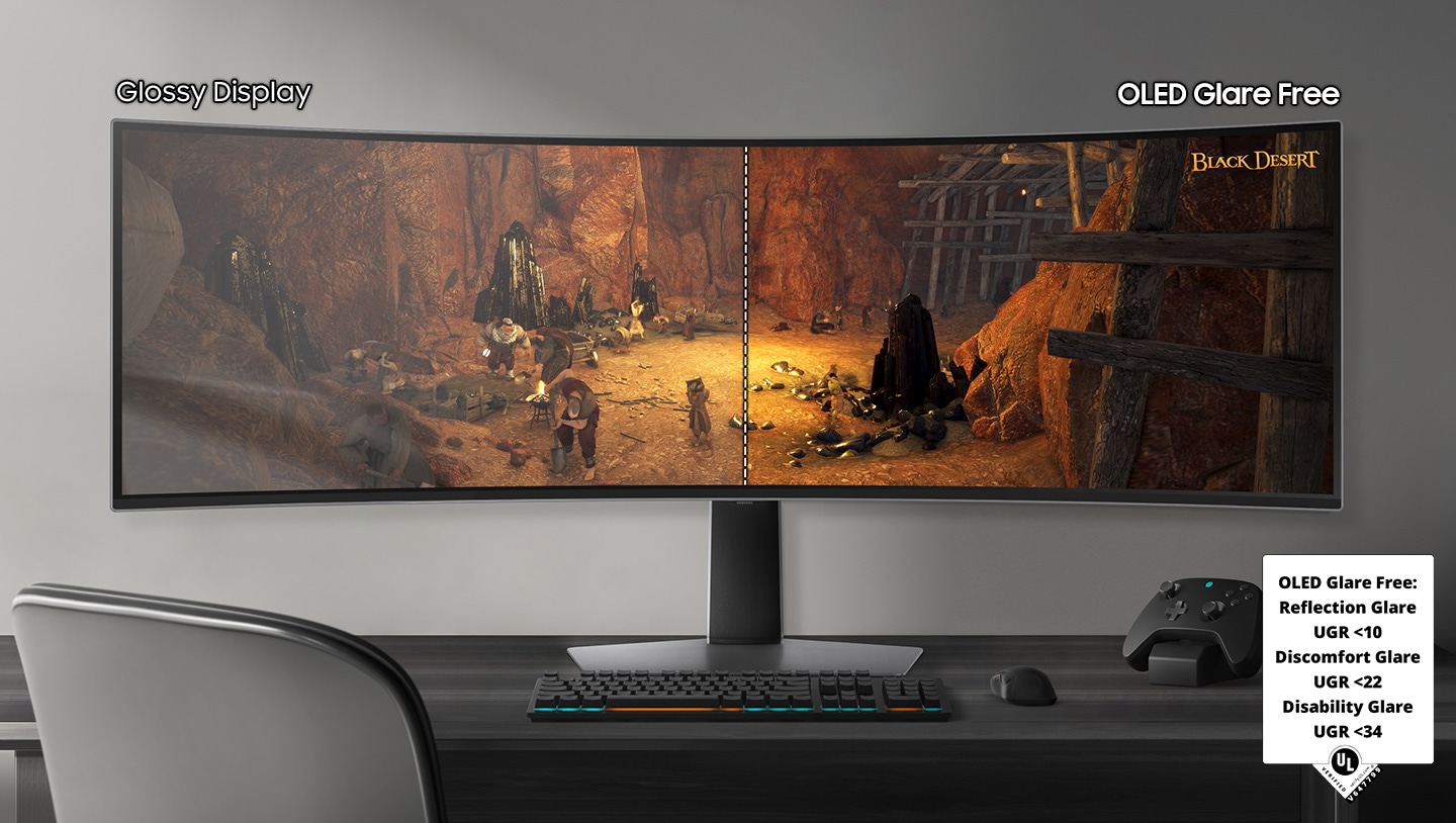 A monitor sits on a desk in a bright room, with a mouse, keyboard, and game controller on the desk. The monitor shows a scene from the game Black Desert, split in half. The right side of the monitor, labeled "OLED Glare Free" is more clear with less reflection than the left side, labeled, "Glossy Display." A badge in the bottom right corner shares glare-free specifications, reading "OLED Glare Free: Reflection Glare UGR <10. Discomfort Glare UGR<22. Disability Glare UGR <34. UL, VERIFIED, verify.UL.com, V647799"