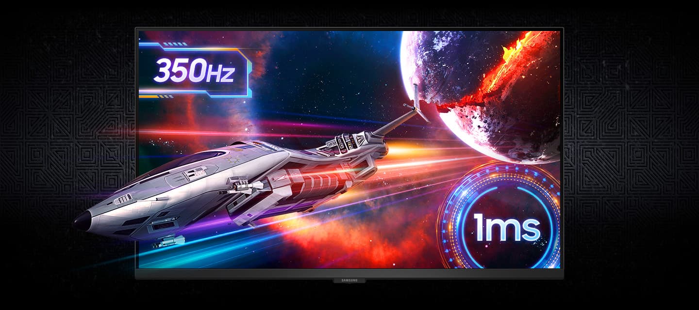 A spaceship is zooming out of the monitor screen. 350Hz refresh rate & 1ms response time.