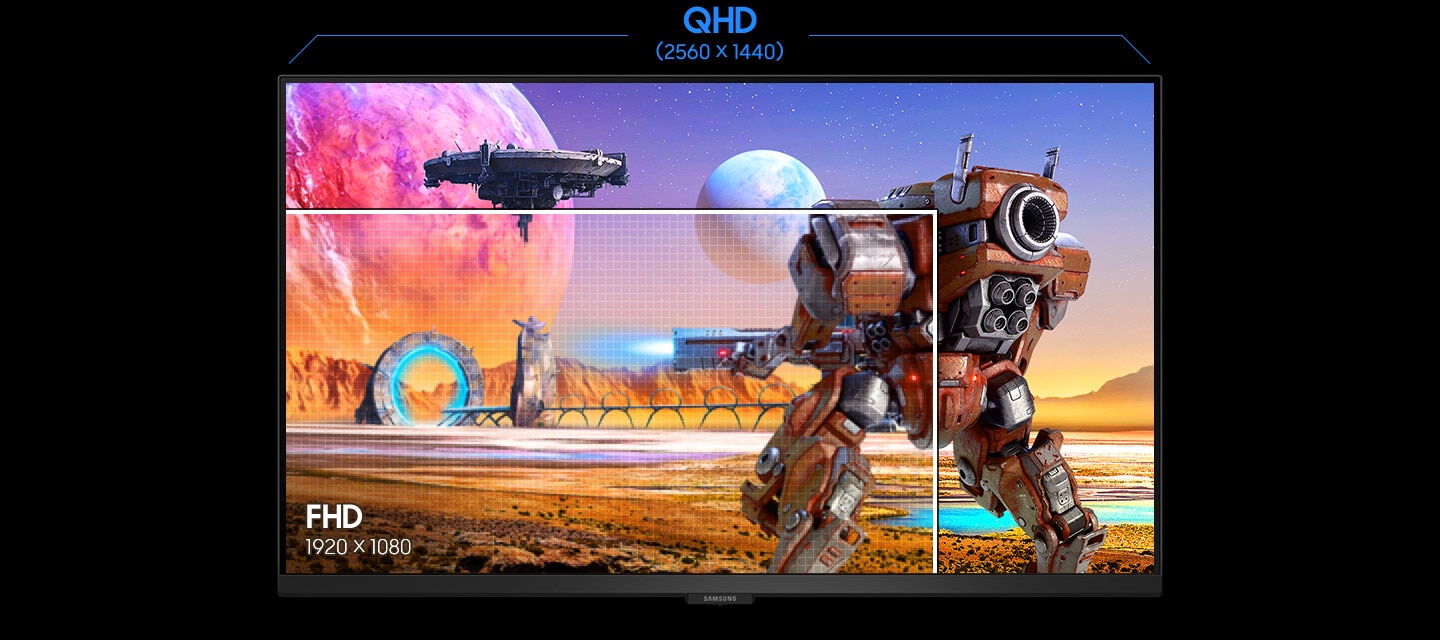 QHD resolution (2560 x 1440) shows a warrior shooting toward the portal, and FHD resolution (1920 x 1080) shows only half of the warrior.
