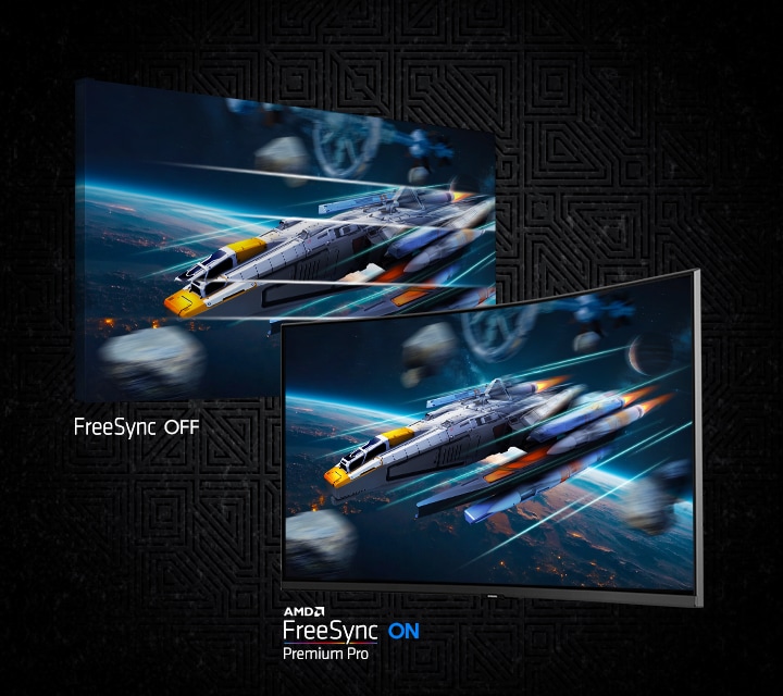 Two screens show a spacecraft in space. FreeSync OFF shows a choppier image than AMD FreeSync Premium Pro ON.