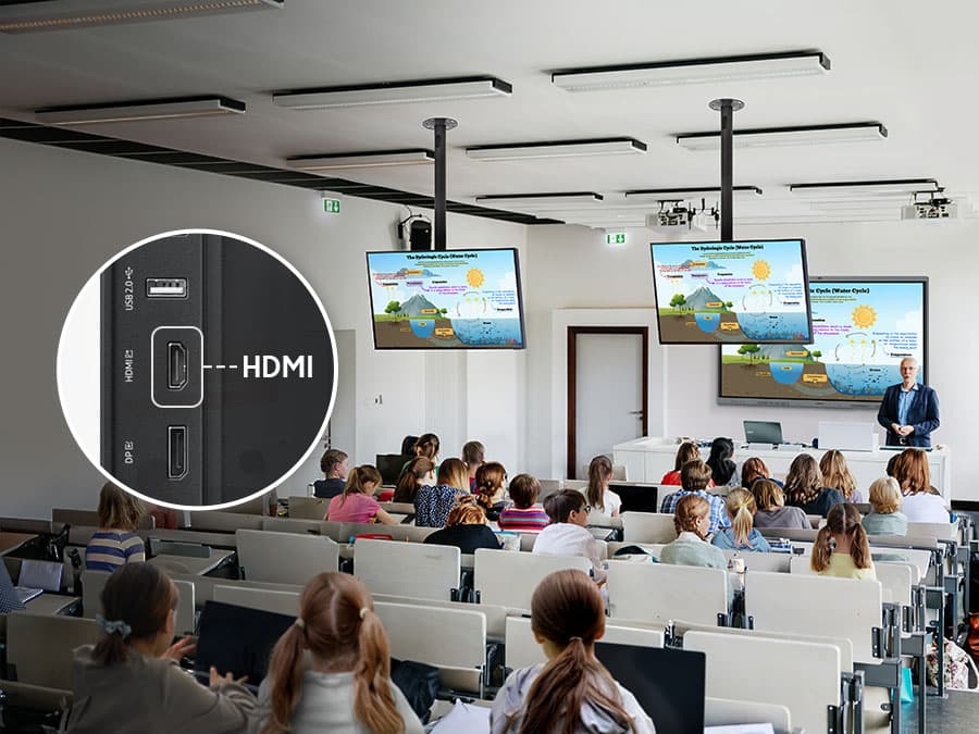 Classroom with multiple screens displaying content via the display's HDMI Out function, enhancing visibility for all students.