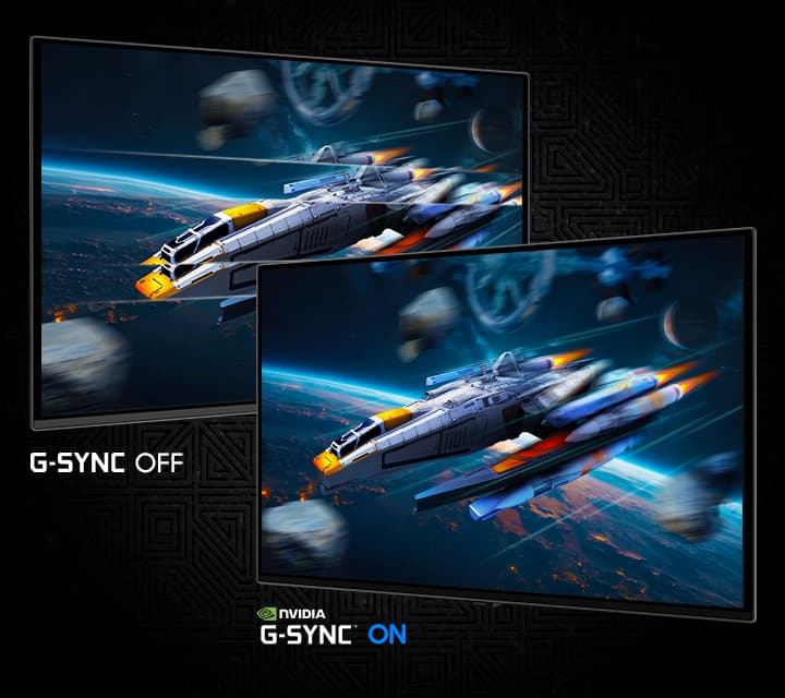 Two screens show a spacecraft in space. NVIDIA G-SYNC OFF shows a choppier image than NVIDIA G-SYNC ON.