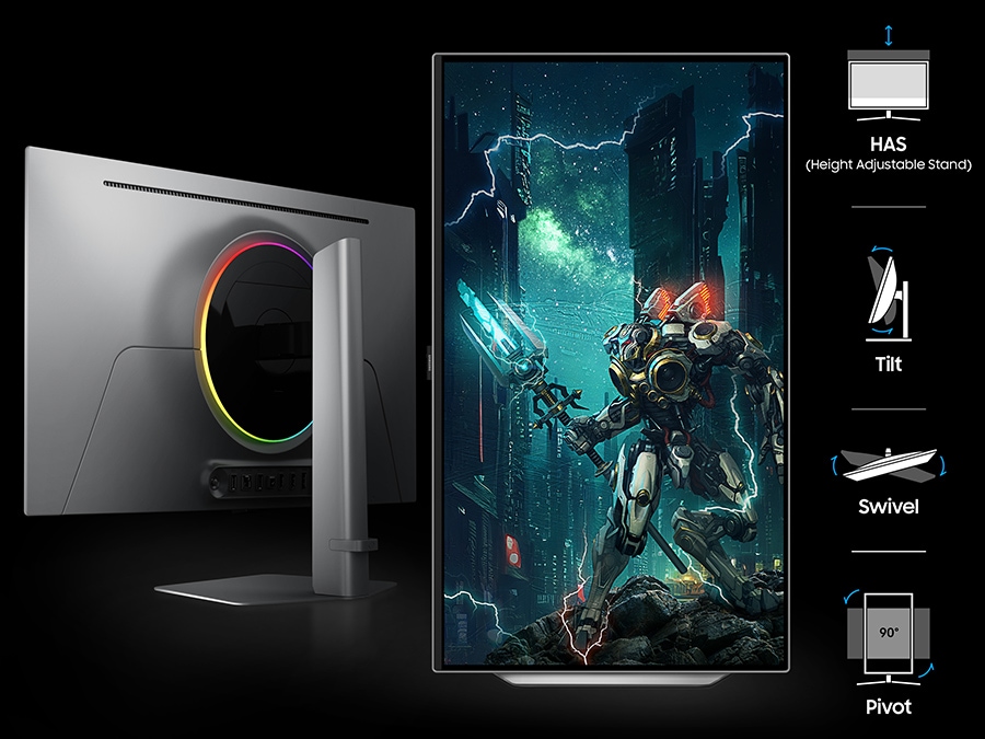 A back panel of the monitor and a vertical screen showing the character in full. HAS (Height Adjustable Stand), Tilt, Swivel, Pivot.