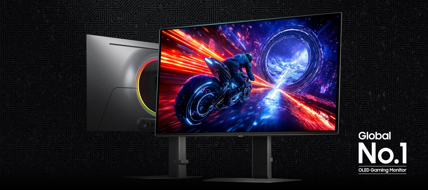 Two Odyssey OLED G6 monitors. One facing the front and the other showing the back panel. Screen shows a man riding a motorcycle racing towards a blue tunnel. Global No.1 OLED Gaming Monitor logo.