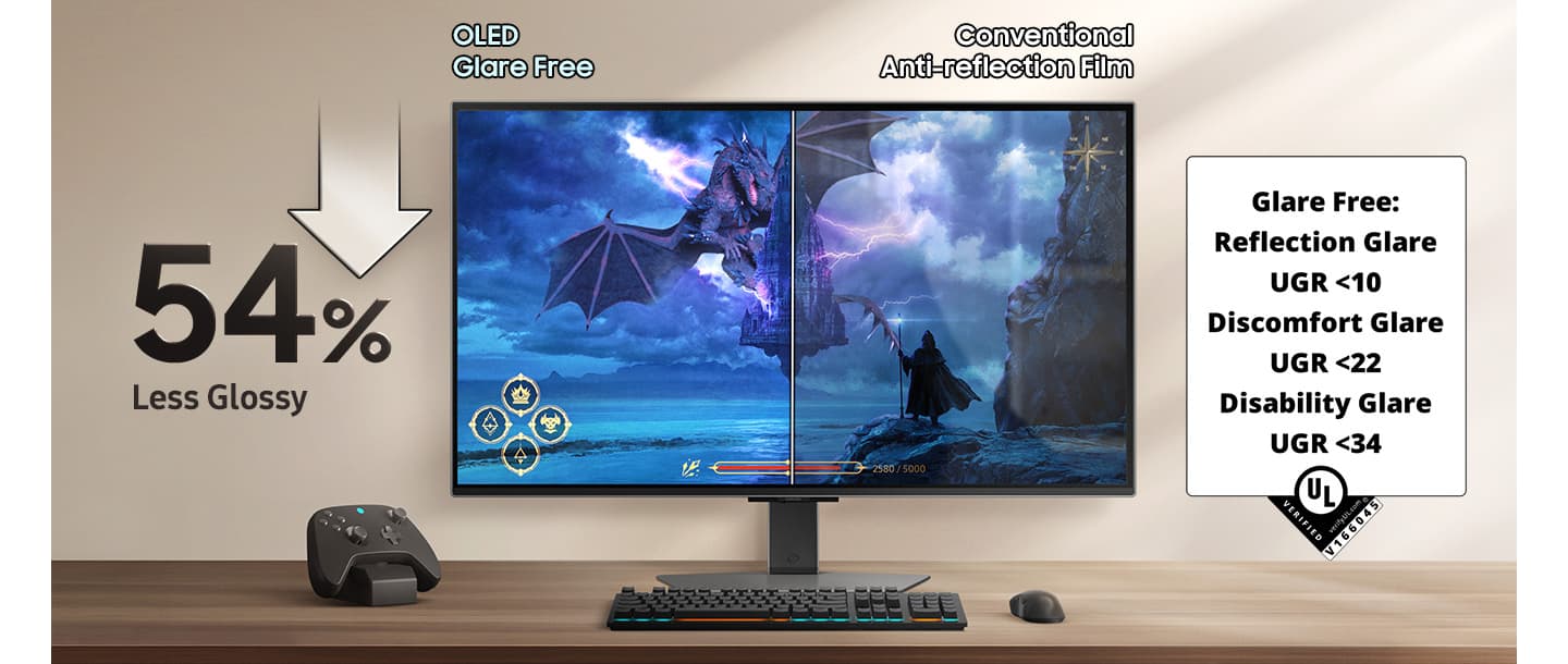 Monitor with gaming setup. Reflections can be seen on gaming scene with Glossy Display. OLED Glare Free shows clear image. Glare Free: Reflection Glare UGR <10, Discomfort Glare UGR <22, Disability Glare UGR <34.