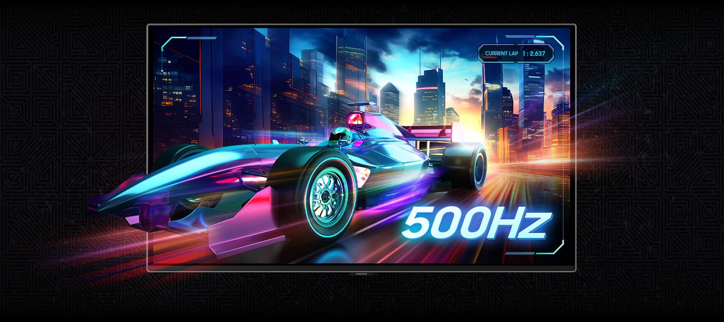 A race car zooms out of the screen. 500Hz refresh rate.