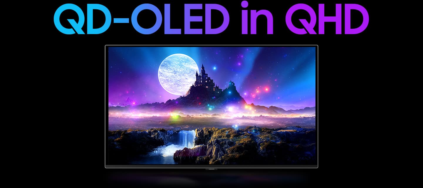 QD-OLED in QHD. A bird's-eye view of the monitor. The monitor flips to reveal the screen. Small pixels merge to form a clear image of a castle and a waterfall. A planet in the background. Tiny lights shine as it moves inside the screen.