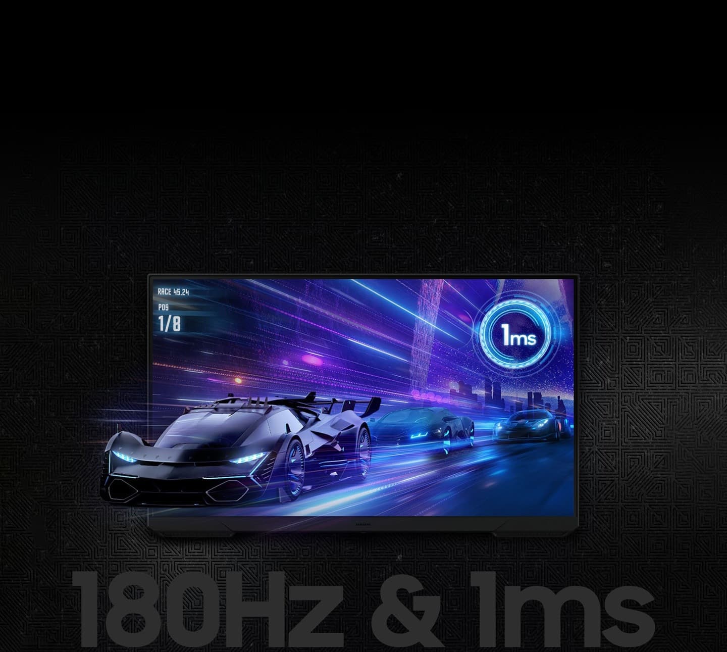 An Odyssey monitor shows a car racing scene on its screen. Three cars speed away from a city skyline. The front of the lead car is coming off the monitor's screen. A logo on the top right corner communicates the spec: "1ms". A text below the monitor also communicates the specs: “180Hz refresh rate and 1ms response time”