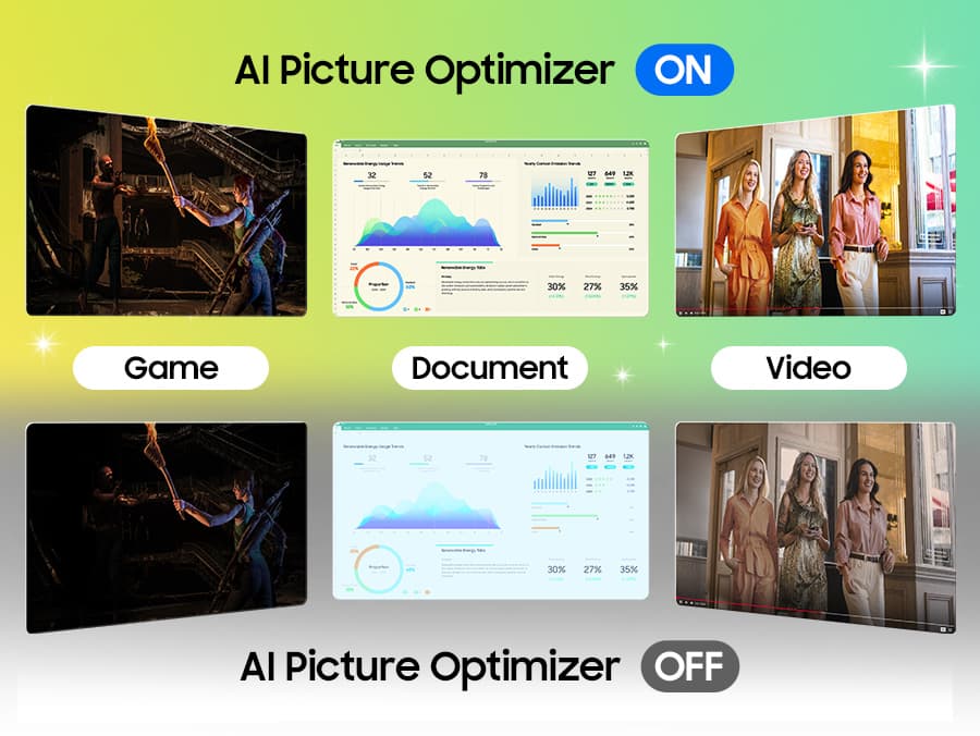 AI Picture Optimizer ON shows clearer game, document, and video than AI Picture Optimizer OFF.