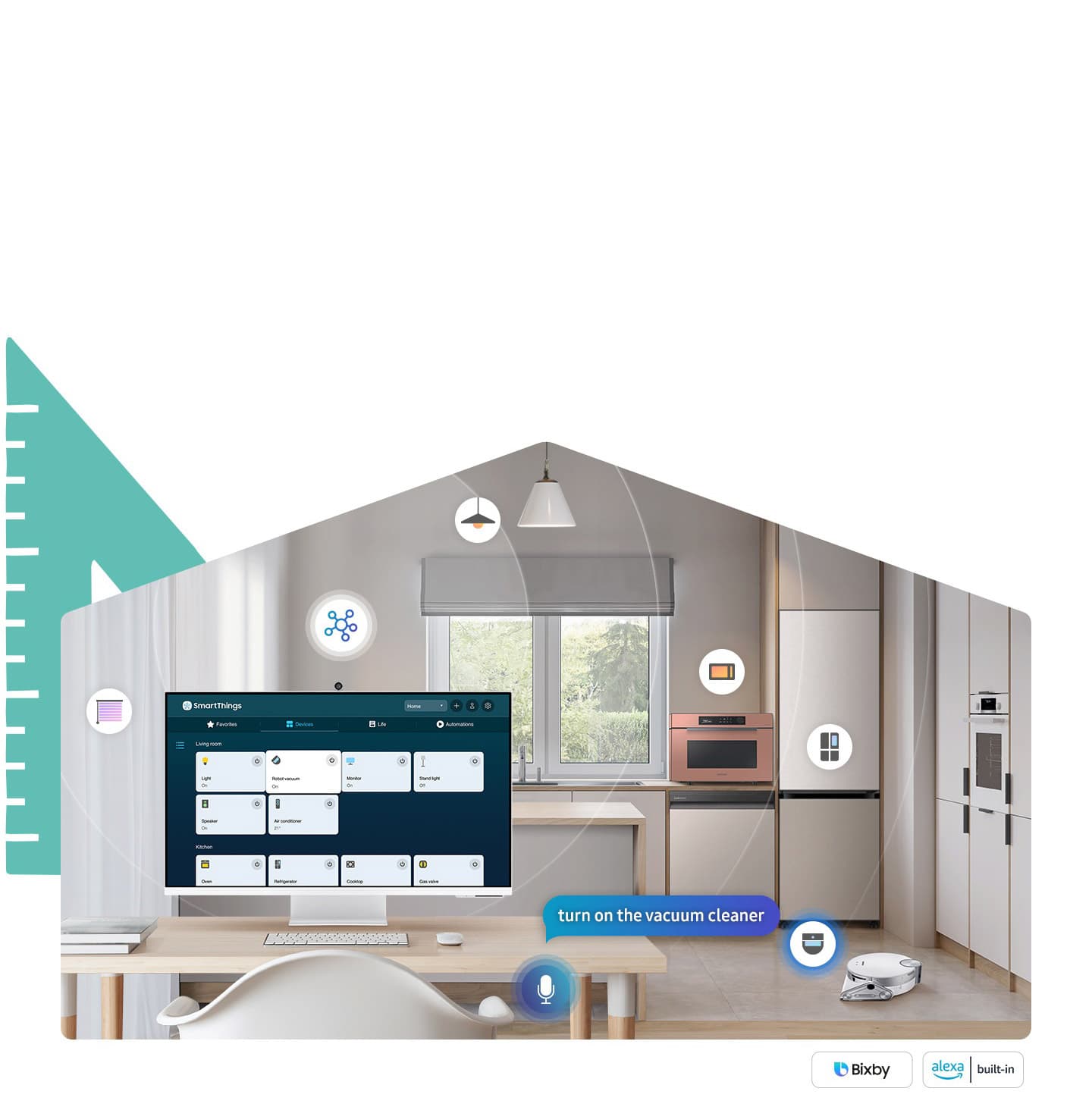 A room contains a desk with a monitor on top, a smart light, a smart curtain, a smart robot vacuum, a smart oven and a smart fridge. An icon representing each item is above each item. And there is a mic, saying "turn on the vacuum cleaner". On the bottom, there are Bixby and Alexa built-in logos.