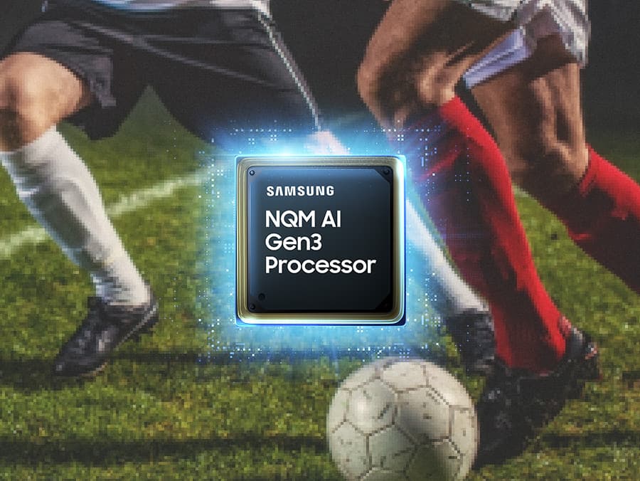 A blurry scene of soccer players kicking the ball. Samsung NQM AI Gen3 Processor outlines three different sections. The scene becomes clearer.