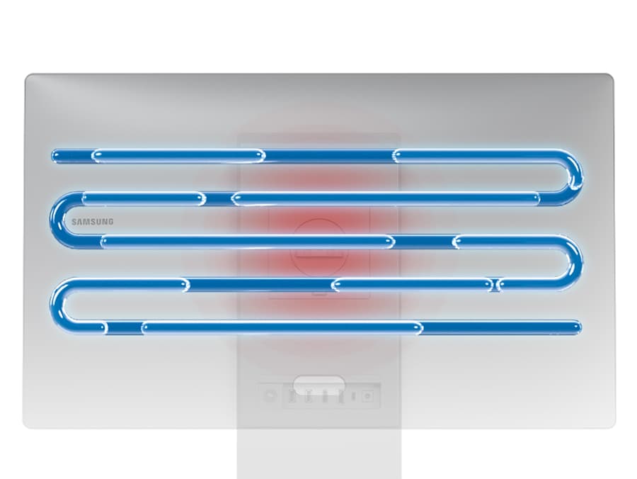 Back of monitor turns red due to heat. X-ray view shows coolant inside heat pipe. Back panel turns blue as if cooled.