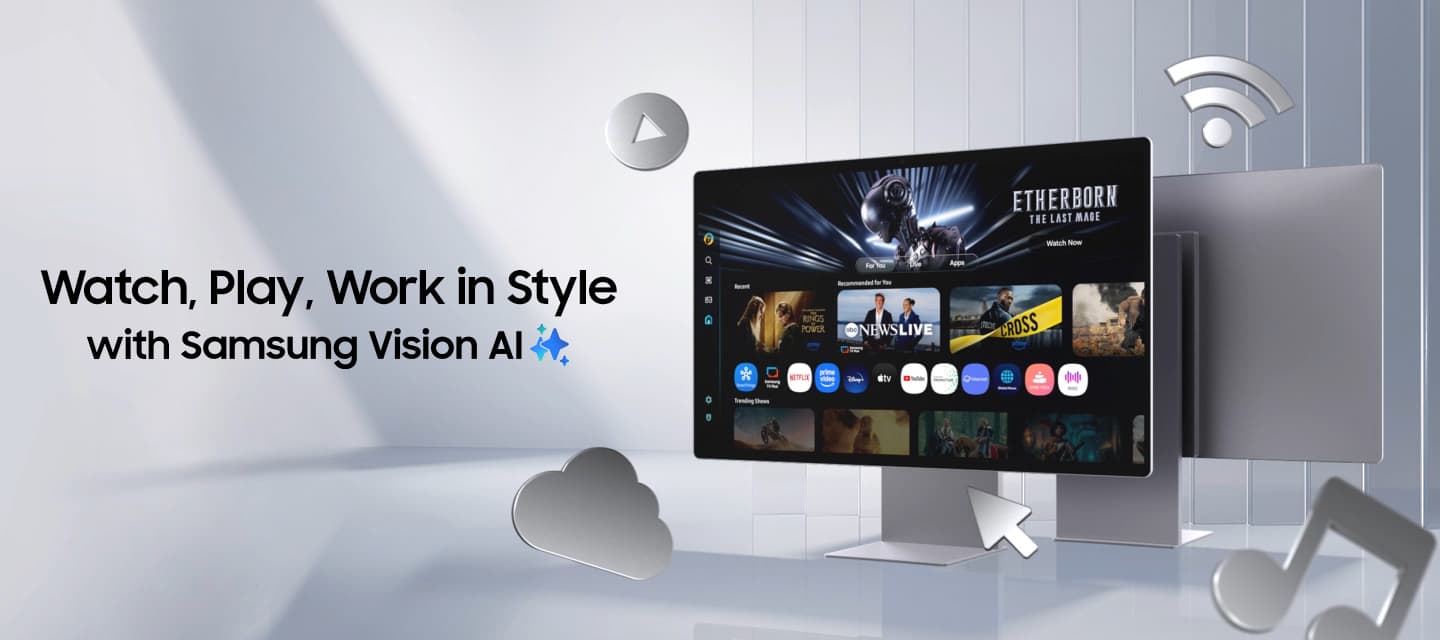 Watch, Play, Work in Style with Samsung Vision AI. Samsung Smart Monitor M9 enlarges as various icons, such as Copilot, Samsung TV Plus, and AI, and multiple scenes enter the screen. Cursor, Wi-Fi, music, play button, and cloud icons pop out of the monitor as it rotates. Back panel is also shown.