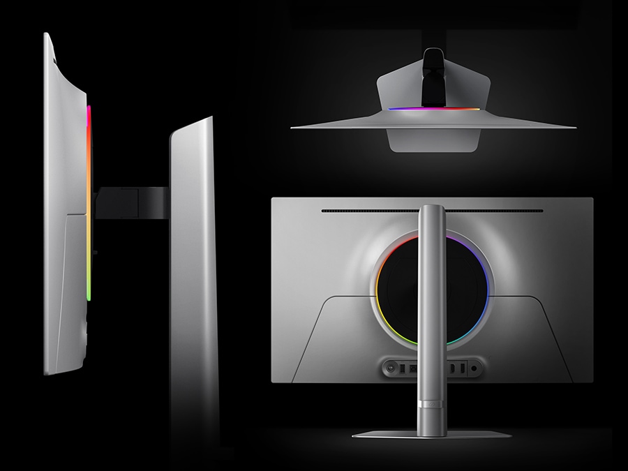 A side view of a detached monitor and stand, a bird's-eye view of the monitor and a full view of the back panel.