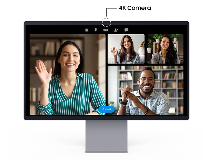 There is a conference call on a monitor. And on the monitor, there is a 4K camera attached.