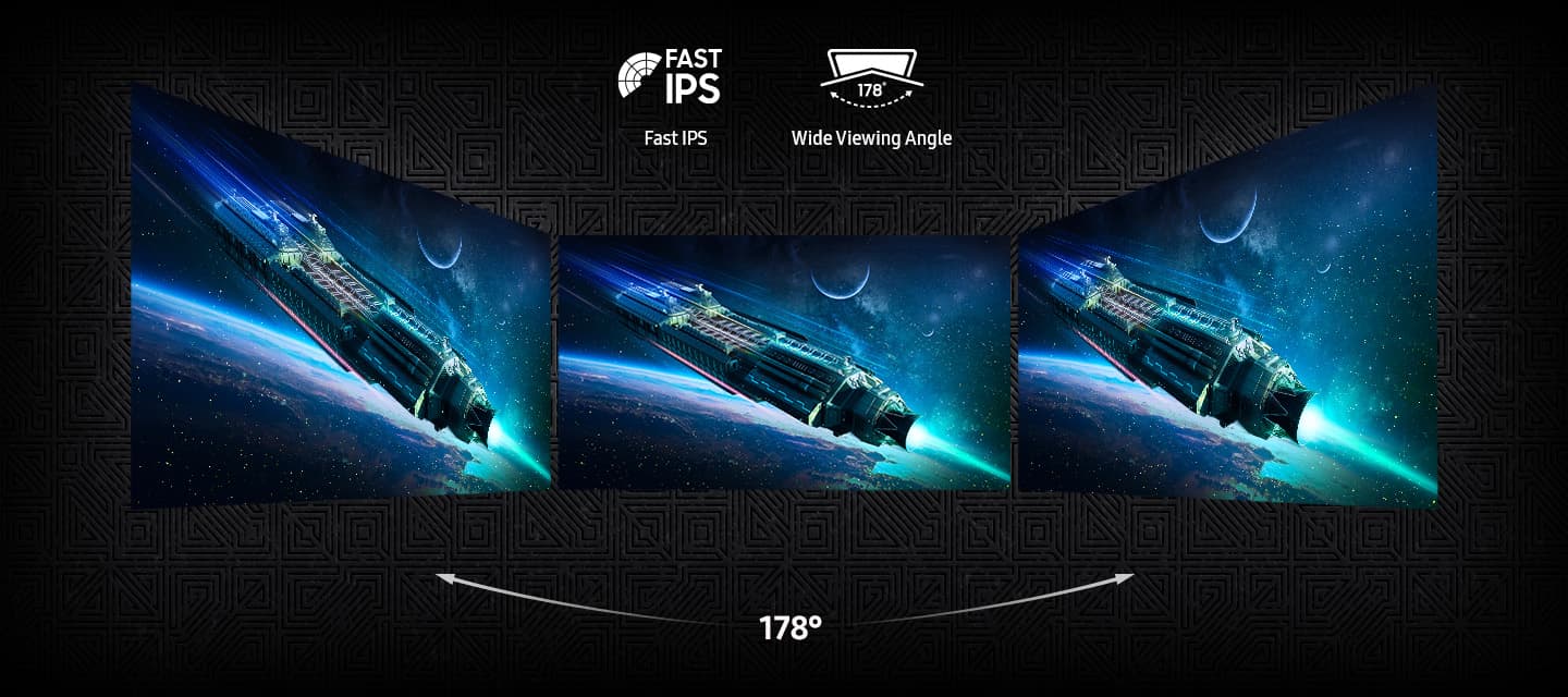 Three monitors placed side by side provide a viewing angle of 178°. Fast IPS and Wide Viewing Angle icons.