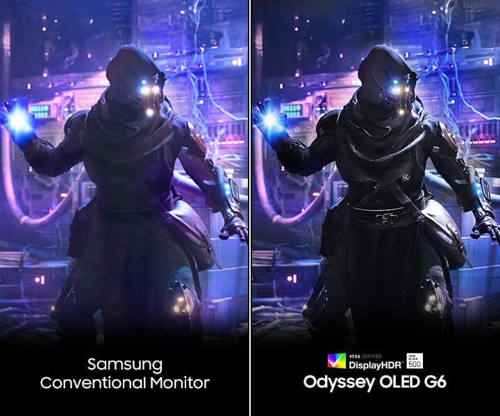 Image of character emitting light through his hand is clearer on Odyssey OLED G6, which features a VESA Certified DisplayHDR TrueBlack 500 logo, than Samsung Conventional Monitor.
