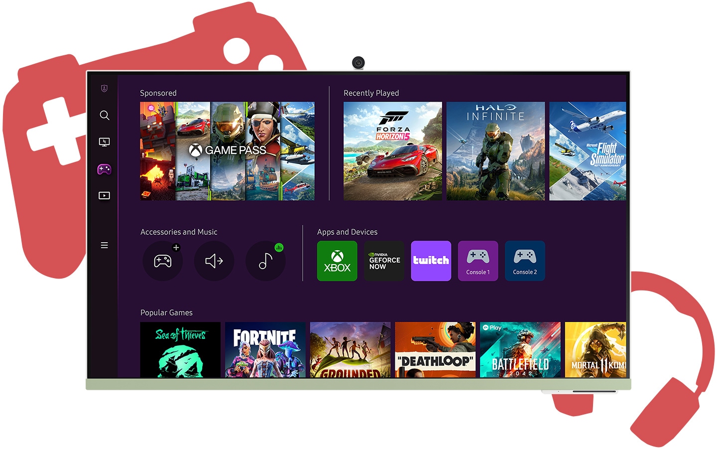 A monitor screen shows gaming hub starting screen with multiple games and apps available to download.