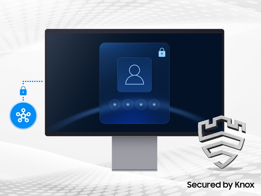 SmartThings links to the monitor. Monitor shows a secure login screen. Secured by Knox logo.