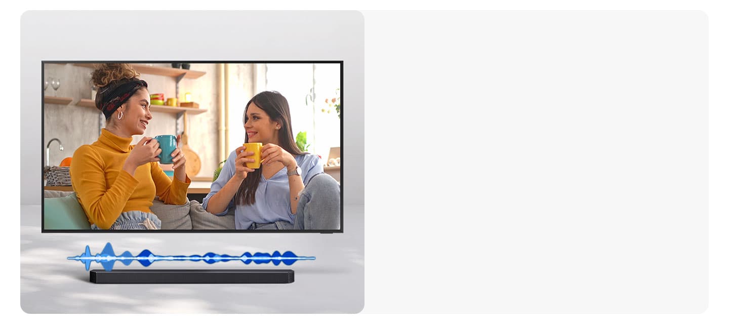 A TV cycles through different scenes, including a chat between two women, a sports game, a music-related scene and a cinematic shot of a spaceship taking off. With each scene, the soundbar installed underneath the TV plays a different level of volume, indicated by a fluctuating audio bar.