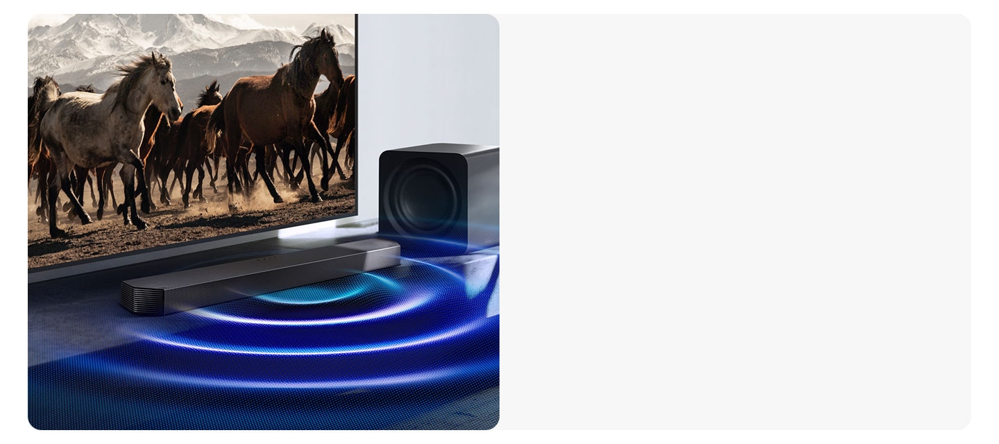 Sound waves stream from a Samsung soundbar placed under a TV, while the subwoofer next to it is muted.