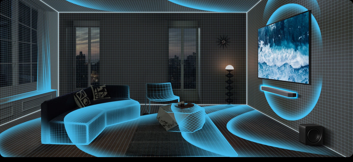 A living room with TV and soundbar turns into a sketch style with the objects fading into mere outlines. The soundbar gives off a single pulse that travels across the entire room and analyzes the space. Then the soundbar and subwoofer emanate sound waves, indicating that audio is being played.
