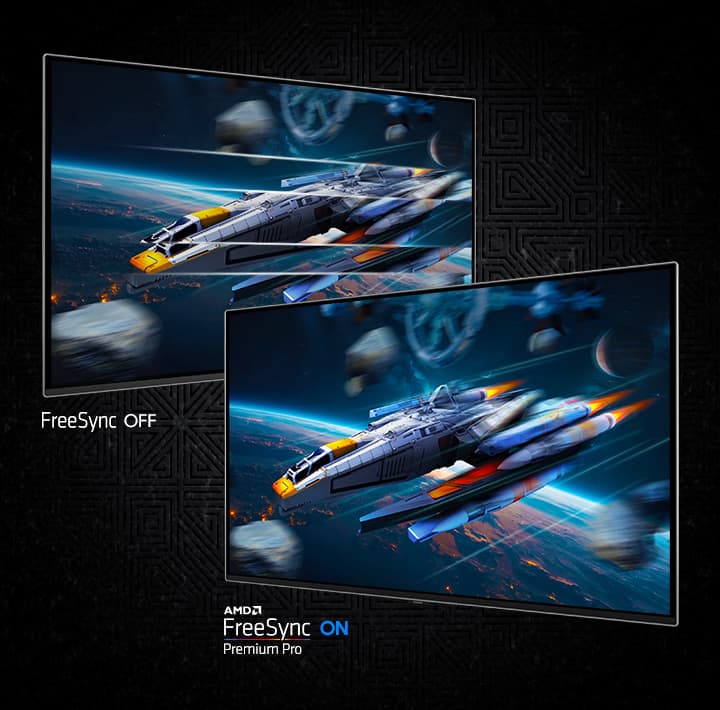 Two screens show a spacecraft in space. FreeSync OFF shows a choppier image than AMD FreeSync Premium Pro ON.