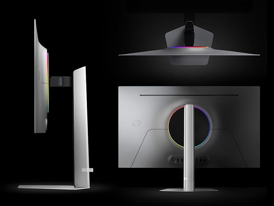 A side view of a detached monitor and stand, a bird view of the monitor and a full view of the back panel.