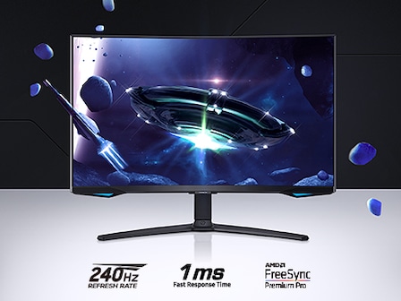 On the monitor display is a skyblue rocket ship with light emitting from its engine exhausts inside an underground cave. The rocket ship is set to launch out of the opening above, and surrounded by stone pillars and steps. \G6\ logo is placed on the right side of the monitor stand.