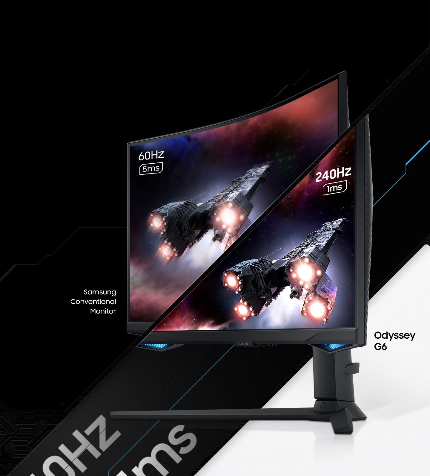 A monitor which is seen from its right side shows two spaceships blasting off into space. The monitor is split in two to show the difference in display quality comparing two different refresh rates and response time, one for conventional monitor with 60Hz and 5ms and the other for Odyssey G6 with 240Hz and 1ms GTG.