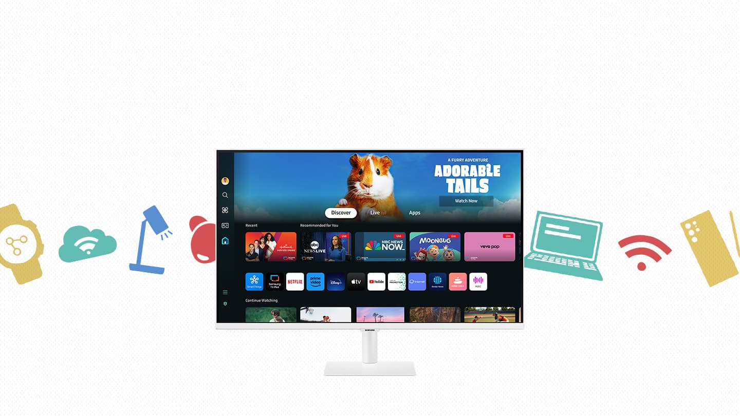 There is a smart monitor, and behind it, there are icons that represent devices that can be connected to the monitor demonstrating multi device experiences.
