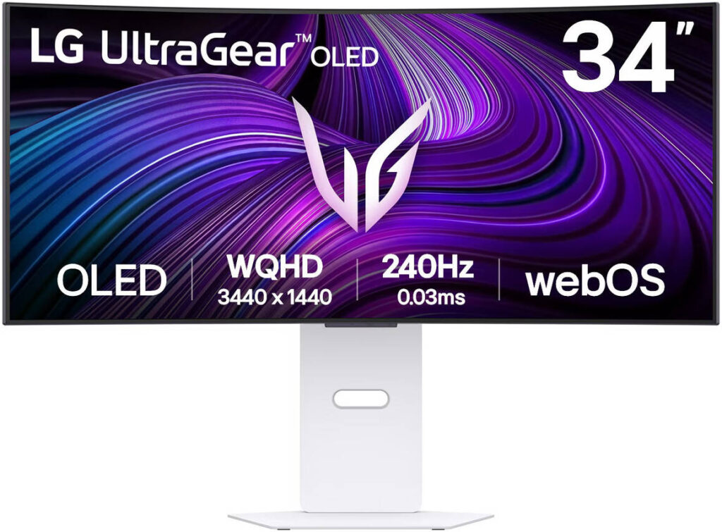 LG 34″ 34GX90SA UltraGear™ OLED Curved Gaming Monitor, WQHD Resolution, 240Hz Refresh Rate, 0.03ms Response Time, G-Sync Compatible, WebOS, White
