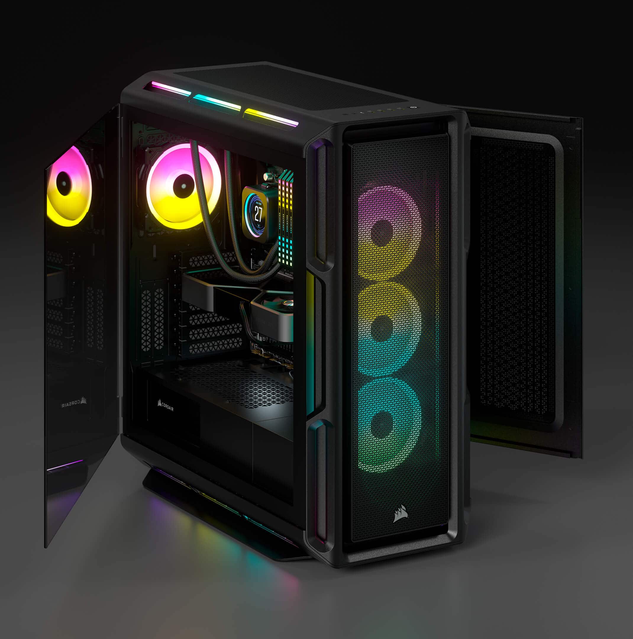 5000T RGB Gaming PC case with front and roof panel separated.