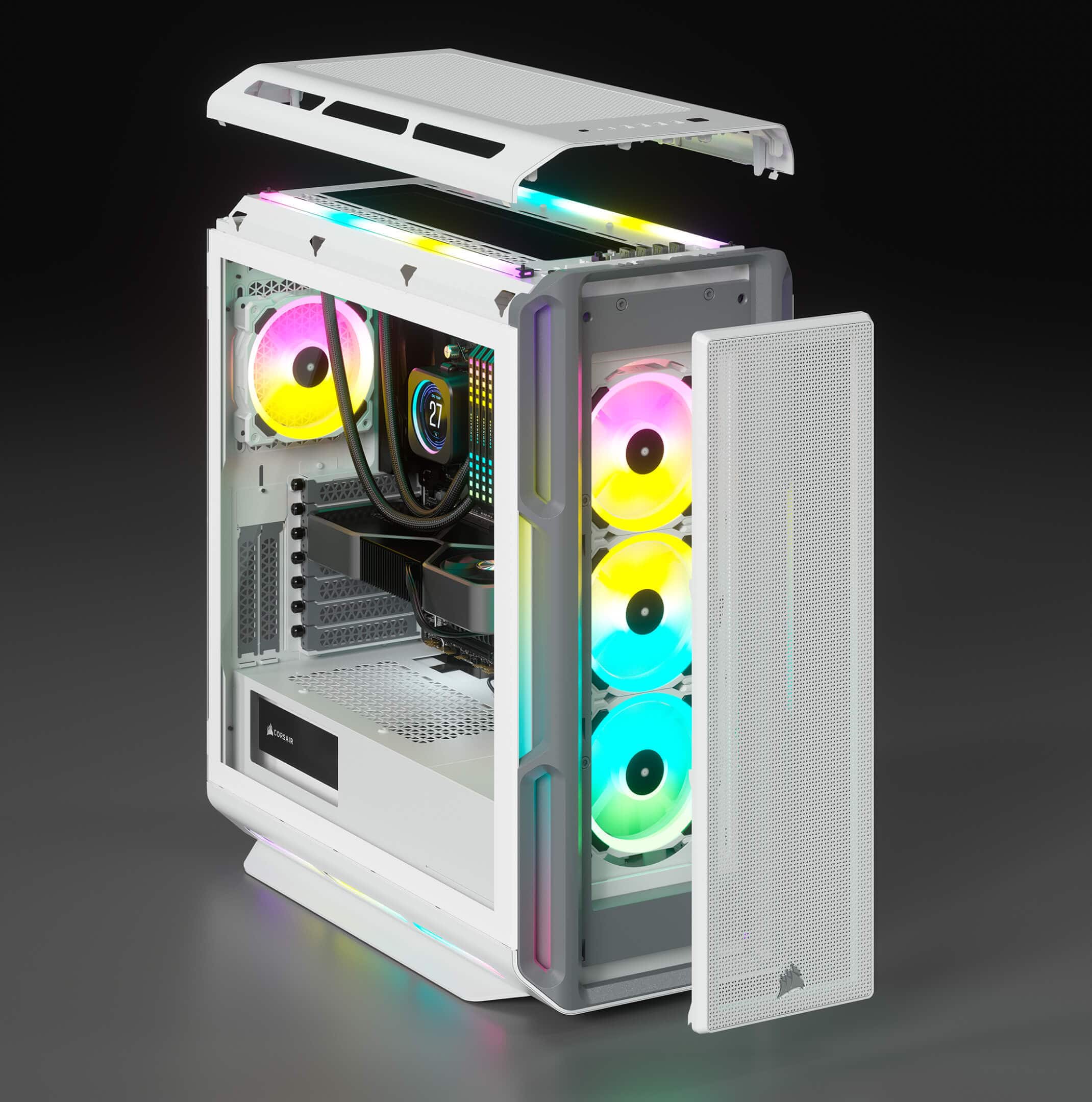 5000T RGB Gaming PC case with the front tempered panel and back steel panel opened.