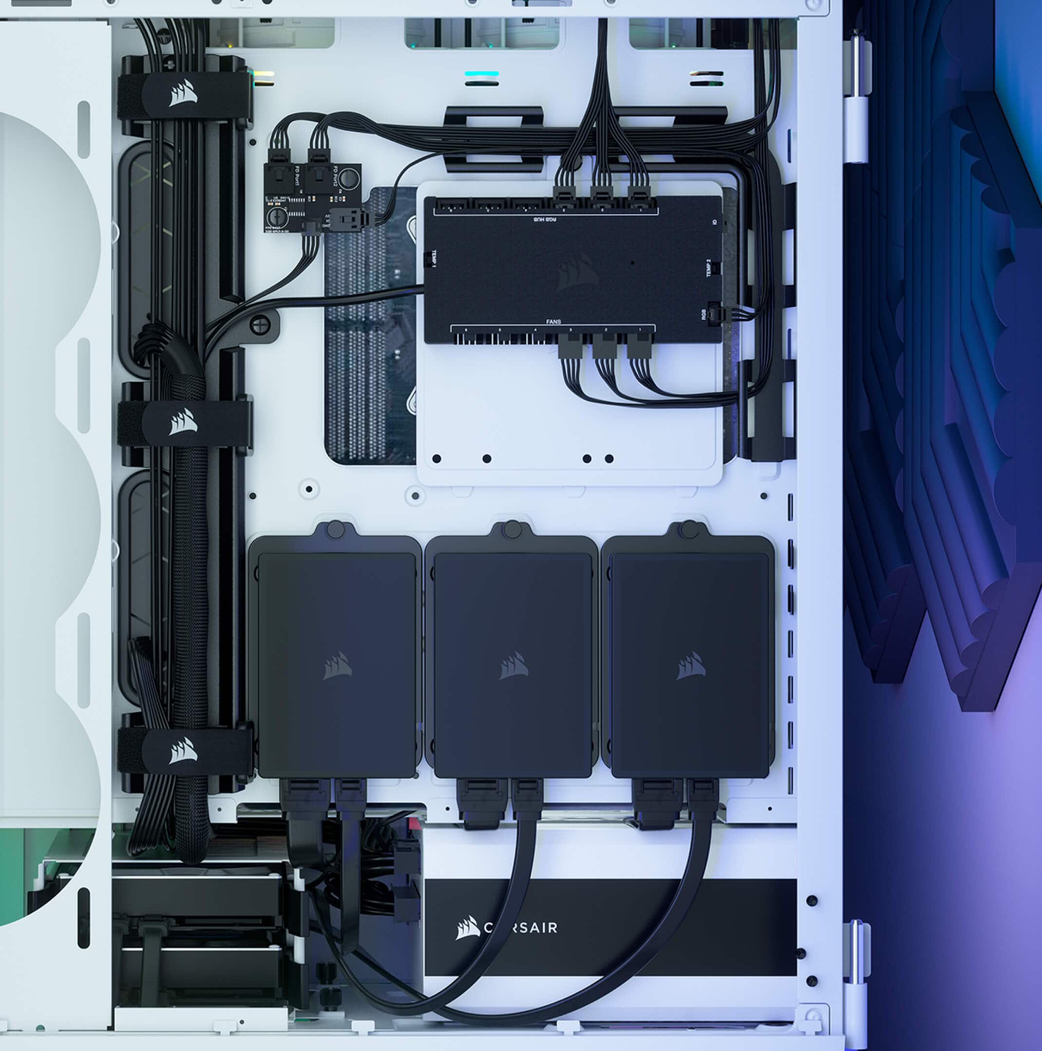 Back of 5000T RGB Gaming PC case without the steel panel, exposing the cable management system.