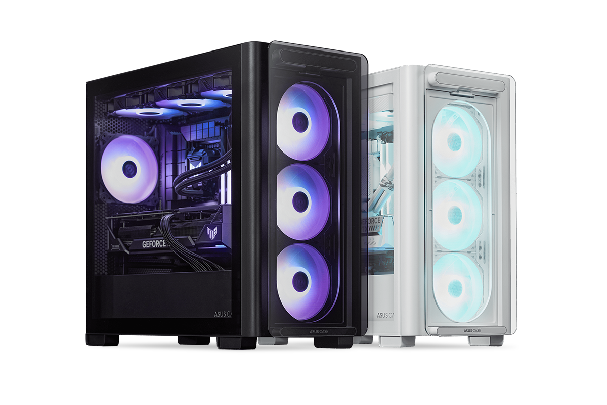 One black ASUS A23 PLUS PC build and one white ASUS A23 PLUS PC build