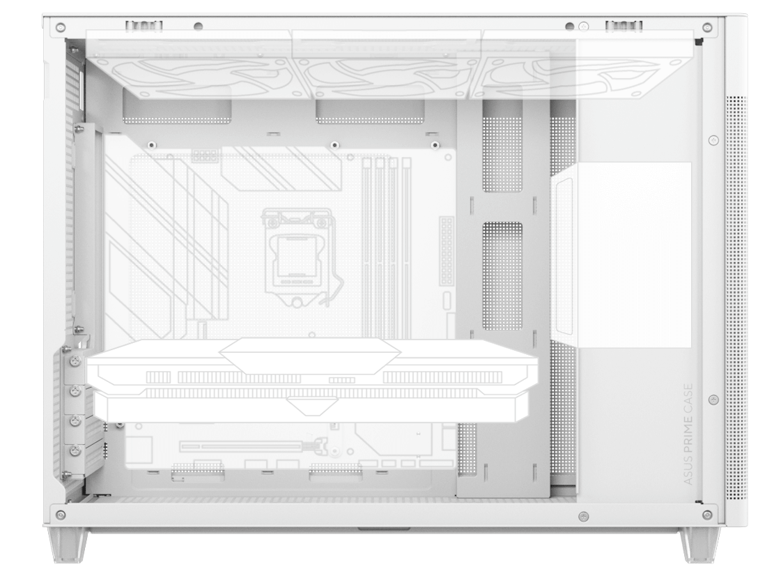 Line art of motherboard, 360 mm radiator, graphics card, and PSU