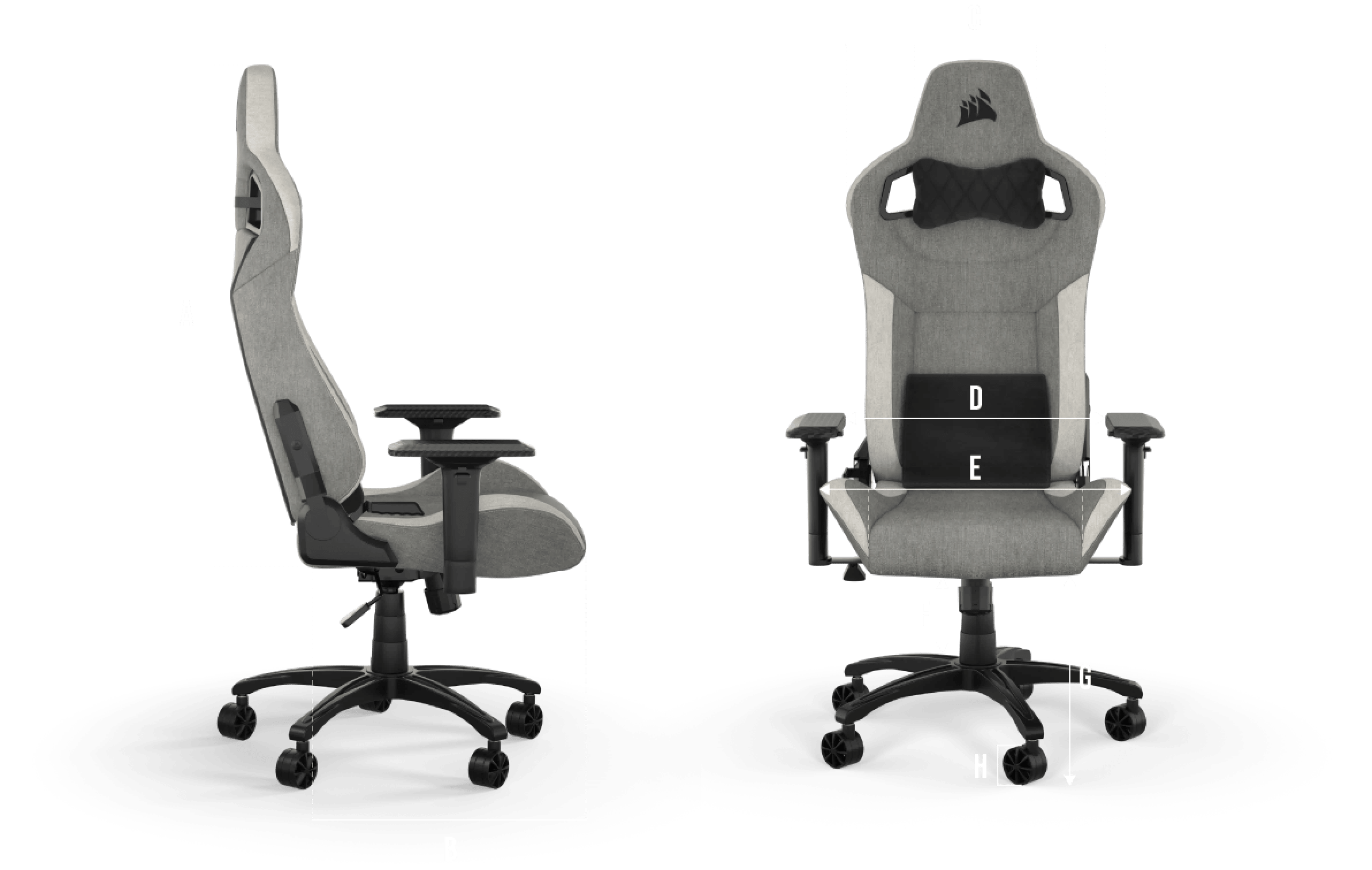 T3 RUSH gaming chair, front and side view, with indicated size measurements.